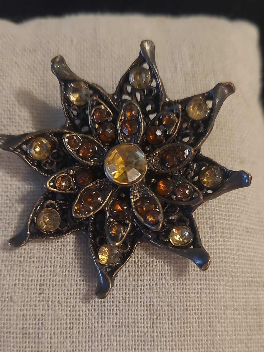 Beautiful Vintage-Style Gold and Amber Rhinestone Flower Brooch